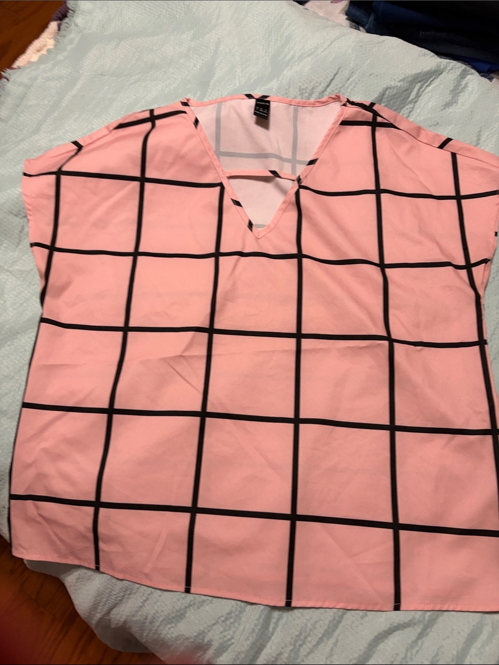 SHEIN Pink Grid V-Neck Blouse